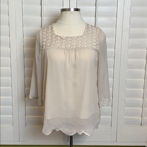 Krazy Kat tan top with pearls & embroidered size L